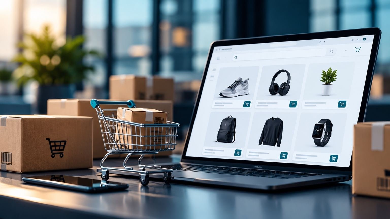 E-Commerce – Online-Shop auf Laptop mit Paketen und Einkaufswagen